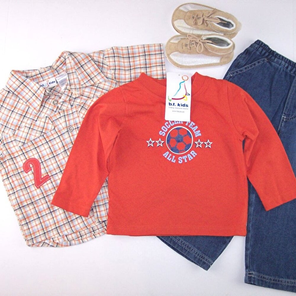 NWT b.t. kids Boy's 5 Pc Play Outfit, 2 Shirts, 1 Jeans, 1 Pair Shoes, 12M, $36